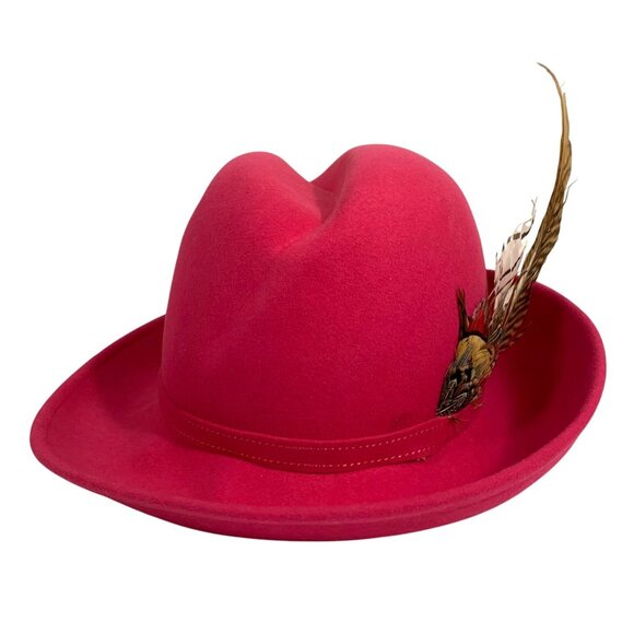 VTG Excello Hot Pink Wool Fedora Bowler Hat w/ Feather USA Bollman Mr. John - Picture 1 of 9